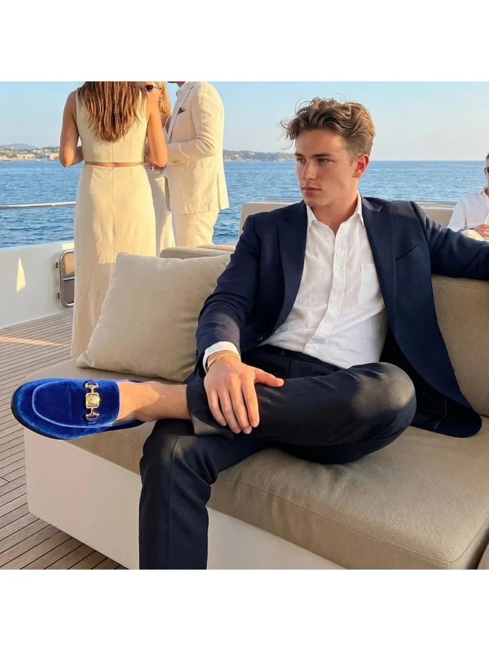 REIHUANNE Men Royal Blue Velvet Loafer Metal Buckle Slip On Luxury Smoking Shoes